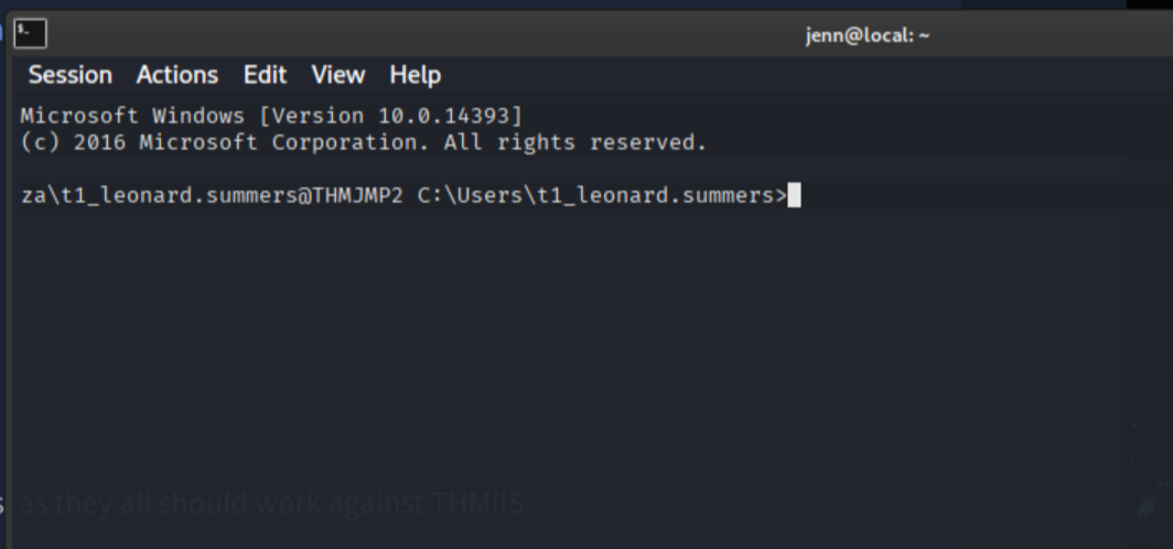 SSH session established as t1_leonard.summers on THMJMP2
